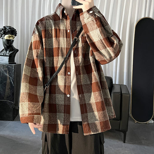 Bonsir Autumn Long Sleeve Shirt Men Fashion Retro Contrast Color Oversized Casual Shirts Mens Streetwear Korean Loose Plaid Shirts Men