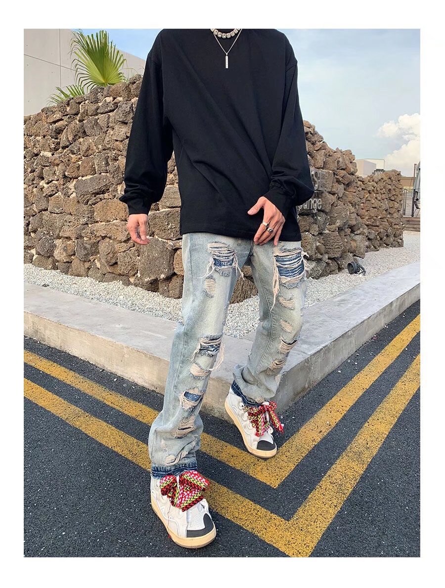 sanyamk High Street Hole Ripped Vintage Men Hip Hop Baggy Jeans Trousers Punk Distressed Retro Washed Straight Denim Pants Pantalon