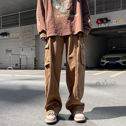 Bonsir Autumn Cotton Cargo Pants Men Fashion 3 Color Pocket Casual Pants Men Streetwear Hip Hop Loose Straight Pants Mens Trousers