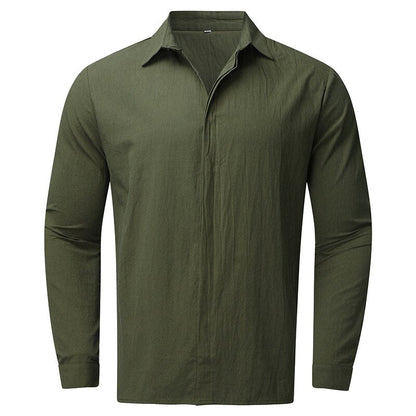 Bonsir Autumn Vintage Long Sleeve Solid Shirts Men Casual Button-down Cotton Linen Lapel Top Cardigan For Mens Fashion Loose Shirt