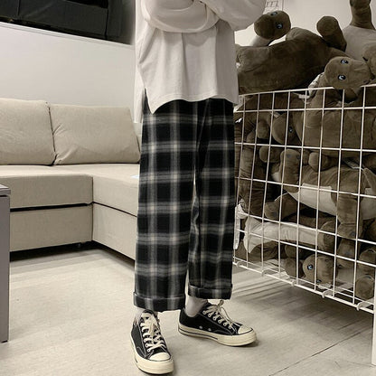 sanyamk Spring Plaid Pants Men Fashion Retro Wide Legs Casual Pants Men Streetwear Loose Hip Hop Straight Pants Mens Trousers S-2XL