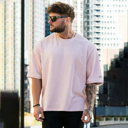 sanyamk Summer Men's Ribbed T Shirts Fashion Letter Embroidery Loose Short Sleeve Tees 2024 Streetwear Men Clothes Casual Pullover Tops