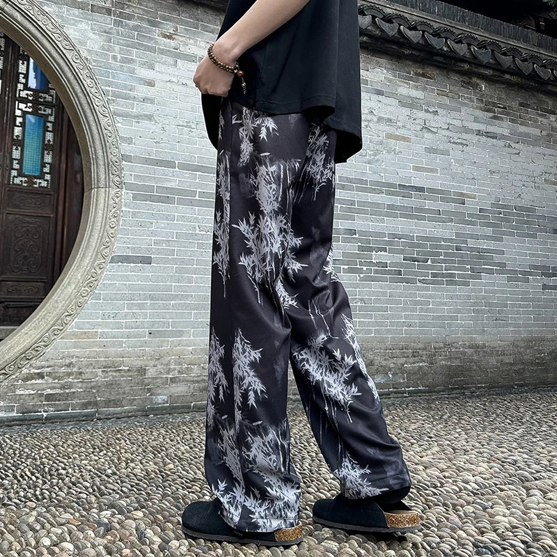 Bonsir Spring Summer Ice Silk Printed Straight Pants Plus Size 5XL-M Men's Streetwear Thin Casual Pants Men Comfortable Wide Leg Pants