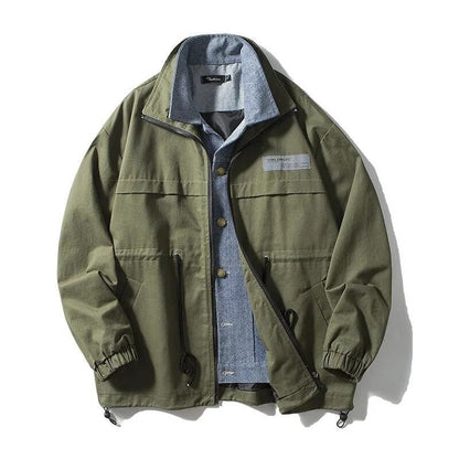 sanyamk Men Fake Two Pieces Denim Patchwork Jacket Jeans Spliced Sashes Contrast Casual Jacket Coat Retro Zip Closure Coat Plus Size