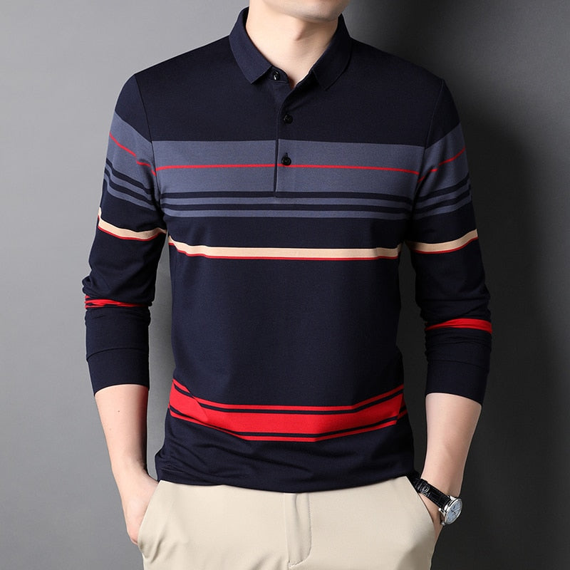 sanyamk Top Grade New Fashion Designer Brand Simple Mens Polo Shirt Trendy With Long Sleave Stripped Casual Tops Men Clothes