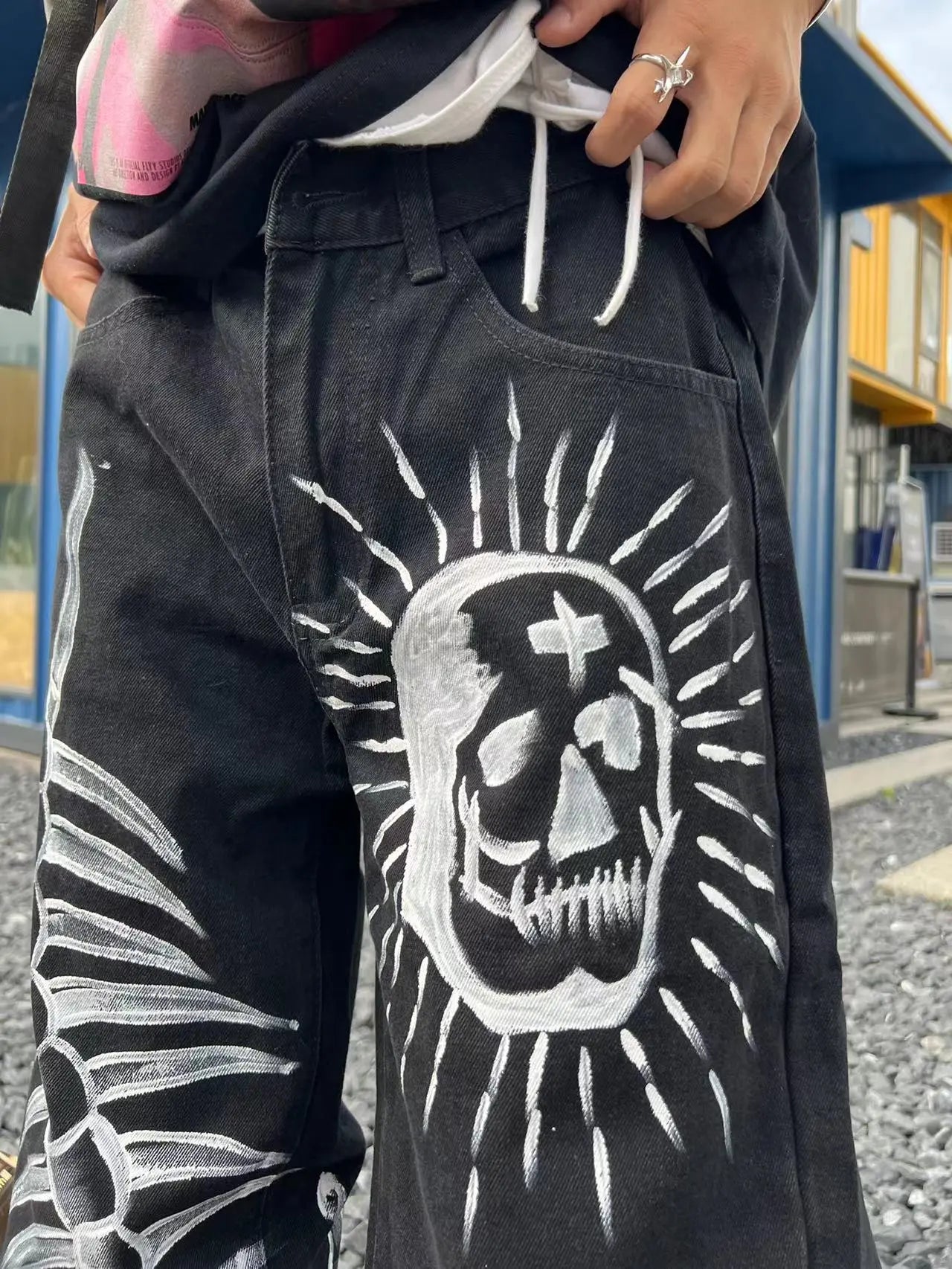 sanyamk Workshop American China-Chic Hip Hop Skull Straight Tube Denim camo jogger vintage army Pants Black New Fashion trouser