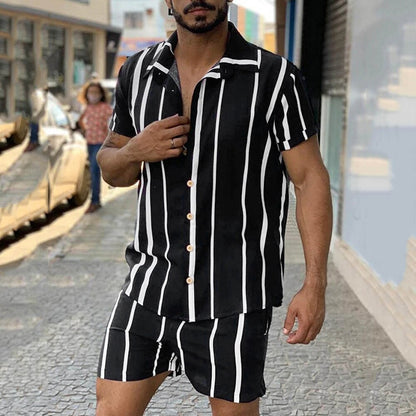 sanyamk Vacation Casual Shirt Set Men's Summer New Fashion Stripe Contrast Color Print Lapel Short Sleeve Top Shorts Two-piece Set