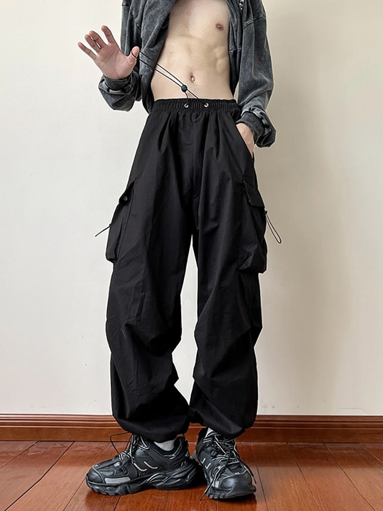 Bonsir Black samurai men's pants oversize pants high street fashion plush knickerbockers American straight charging overalls