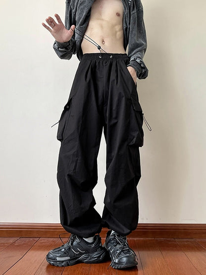 Bonsir Black samurai men's pants oversize pants high street fashion plush knickerbockers American straight charging overalls