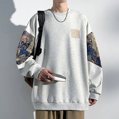 sanyamk  -  Autumn New Men's Sweatshirts Bear Parttern Patchwork Oversized Male Clothing Embroidery Design Round Neck Pullover Tops