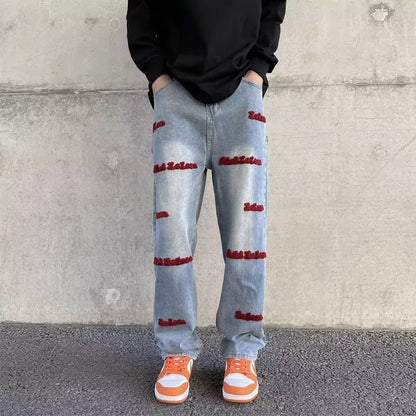 sanyamk Fashion Letter Embroidery Men's Denim Pant Spring Summer Y2K Clothing Men Stitching Loose Straight Jeans Vintage Streetwear