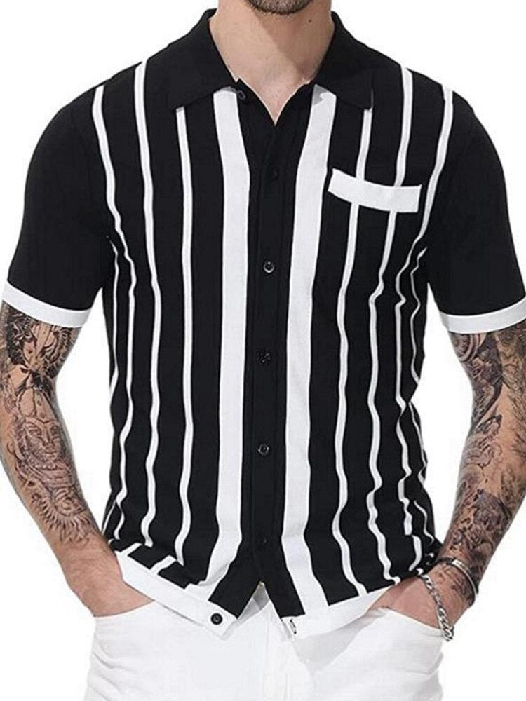 Bonsir Summer Short Sleeve Knitted Polo Shirt Casual Men Button-up Turn-down Collar Tops Mens Fashion Striped Polos Man Streetwear