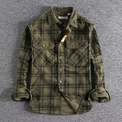 sanyamk Fashion Mens Classic Plaid Shirts Washed Corduroy Thick Autumn Spring Long Sleeve Comfortable Shirt Coat Men Clothing