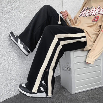 Bonsir Side Striped Printed Men Sweatpants Streetwear Wide Leg Trousers 2024 Oversized Harem Pants