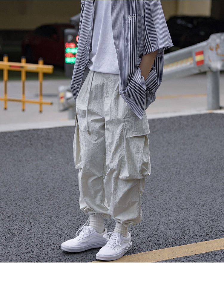 Bonsir Summer Oversized Cargo Pants Men Fashion Pocket Casual Pants Mens Japanese Streetwear Loose Hip Hop Straight Pants Mens Trousers