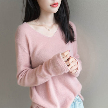 sanyamk Early Spring Ultra-Thin Micro-Permeable Worsted Wool Sweater V-Neck Loose And Thin Top Foreign-Style Bottoming Shirt Women