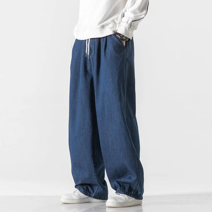 sanyamk New Casual Loose Harem Jeans Men's Japanese Fashion Baggy Straight Wide Leg Pants Couple Streetwear Pants Black/Navy blue