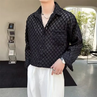 Bonsir Fashion Handsome Shirt Men Translucent Plaid shirt Streetwear Lapel Long Sleeve Button Camisas Party Sexy Men Clothing S-2XL