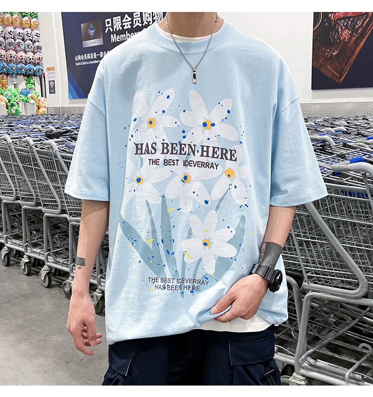 Bonsir Letter Flowers Print Summer Men Clothing Fashion Casual Harajuku Short Sleeve Tshirt XL 2XL Oversized Teenagers Streetwear