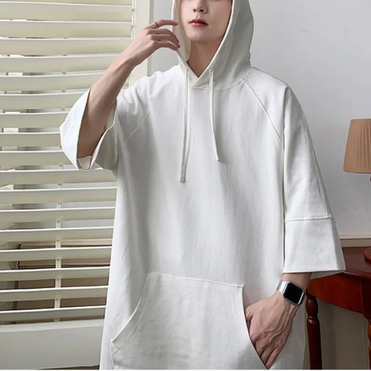 Bonsir Solid Color Hooded T shirt Men Summer Korean Short Sleeve Pullover Loose Casual T-shirt Streetwear Drawstring Tops Men Clothing