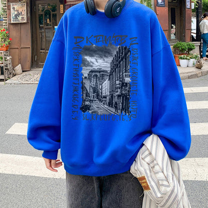 Bonsir Vintage Hoodie American High Street Men's Spring And Autumn Oversize Round Collar Top Loose, Black, White, Blue, Gray M-5XL