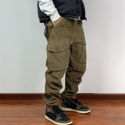 Bonsir Fashion Streetwear Cargo Pants Men Vintage Multi Pockets Loose Solid Corduroy Pants Mens Autumn Casual Zipper Mid Waist Trouser