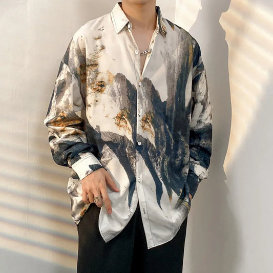 sanyamk Vintage Summer Tie-dyed Painting Shirt Men Hip Hop Loose Long Sleeve Shirt Male Fashion Hawaii Button Long Sleeve Blouse Tops