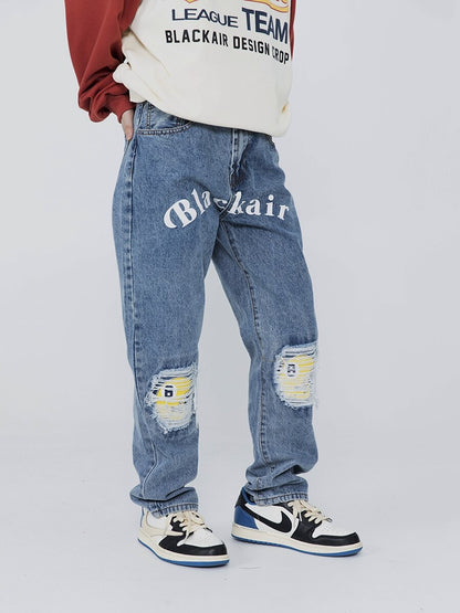 Bonsir High Street Ink Printing Letter Jeans Men Loose Hip Hop Smiley Face Ripped Hole Denim Pants Straight Jeans Male