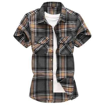 sanyamk Striped Plaid Short-sleeved Shirt Men's Single-breasted Square Collar Cotton Shirts Summer Fashion Casual Camisa Men Chemise 7XL