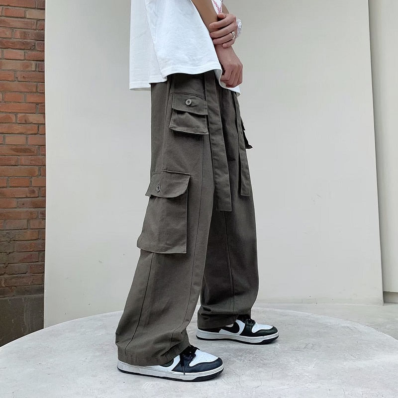 sanyamk Overalls men's new style Hong Kong Style Multi Pocket loose fashion youth casual pants retro versatile straight pants