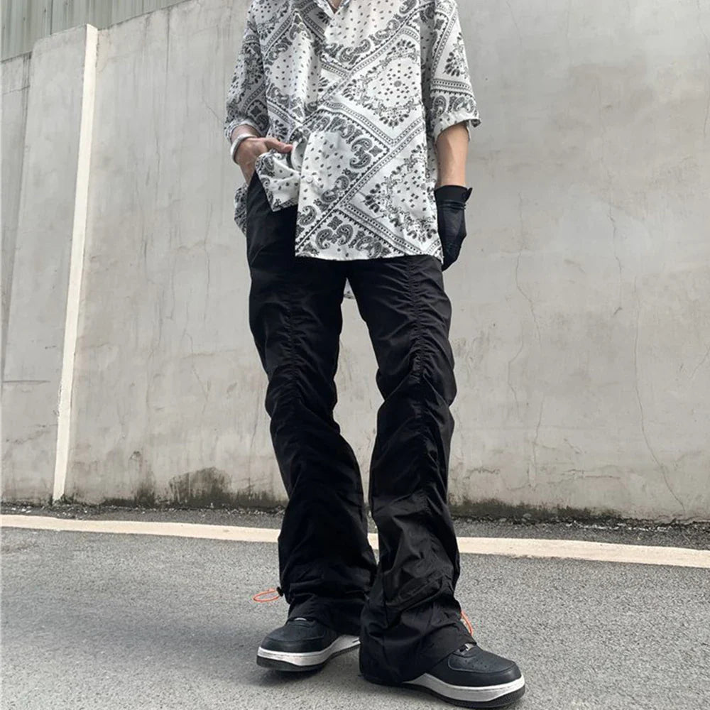 sanyamk New Black Wrinkle Pants Man Harajuku Punk Men's Streetwear Hip Hop Fashion Clothing Casual Tactical Trousers Y2k Goth Flared