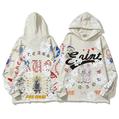 sanyamk Harajuku Retro Kapok Graffit Casual Hooded Hoodies Men and Women Streetwear Oversized Terry Sweatshirts Loose Hip Hop Hoody