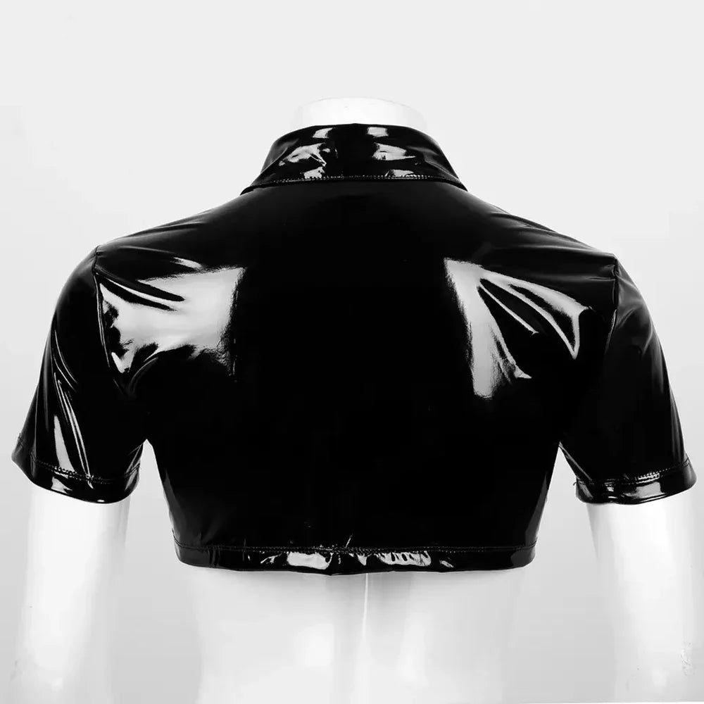 sanyamk Mens Sexy Glossy Leather Short-sleeved Shirt Erotic Shaping Sheath Latex Tops Casual T-shirts Shiny Short Leather Jacket Sexi