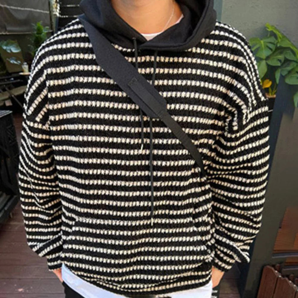 Bonsir Autumn Y2k Street Long Sleeve Hoodie Men Striped Knit Hooded Outerwear American Casual Hooded Pullover Tops Loose Unisex Sweater