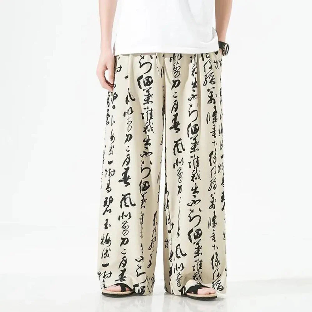 Bonsir Men Chinese Style Printed Characters Wide Leg Pants Summer Fashion Sports Baggy Tide Trousers Darkwear Letter Streetwear Unisex