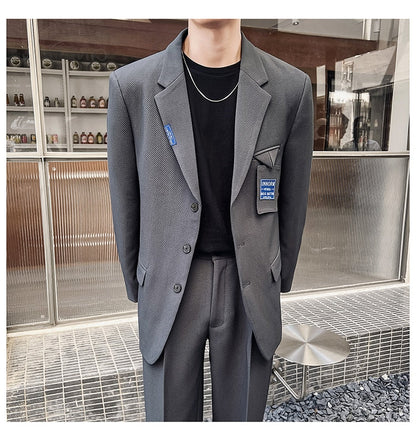 sanyamk Mens Suits Sets Jacket Pant Men Korean Streetwear Office Fashion Loose Casual Blazer Suit Jacket Pant Chic Trend Dress Suits