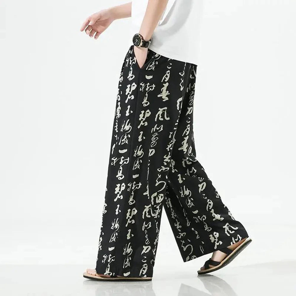 Bonsir Men Chinese Style Printed Characters Wide Leg Pants Summer Fashion Sports Baggy Tide Trousers Darkwear Letter Streetwear Unisex