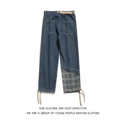 sanyamk Japanese Retro Splicing Jeans Autumn Niche High Street Causal Loose Drawstring Wide-leg Overalls Men Trousers Male Clothes