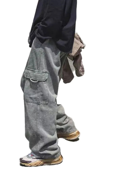 Bonsir Vintage Cargo Pants New Baggy Big Pockets Retro Jeans Men Loose Denim Streetwear Trousers Hip Hop Youth Casual Clothing