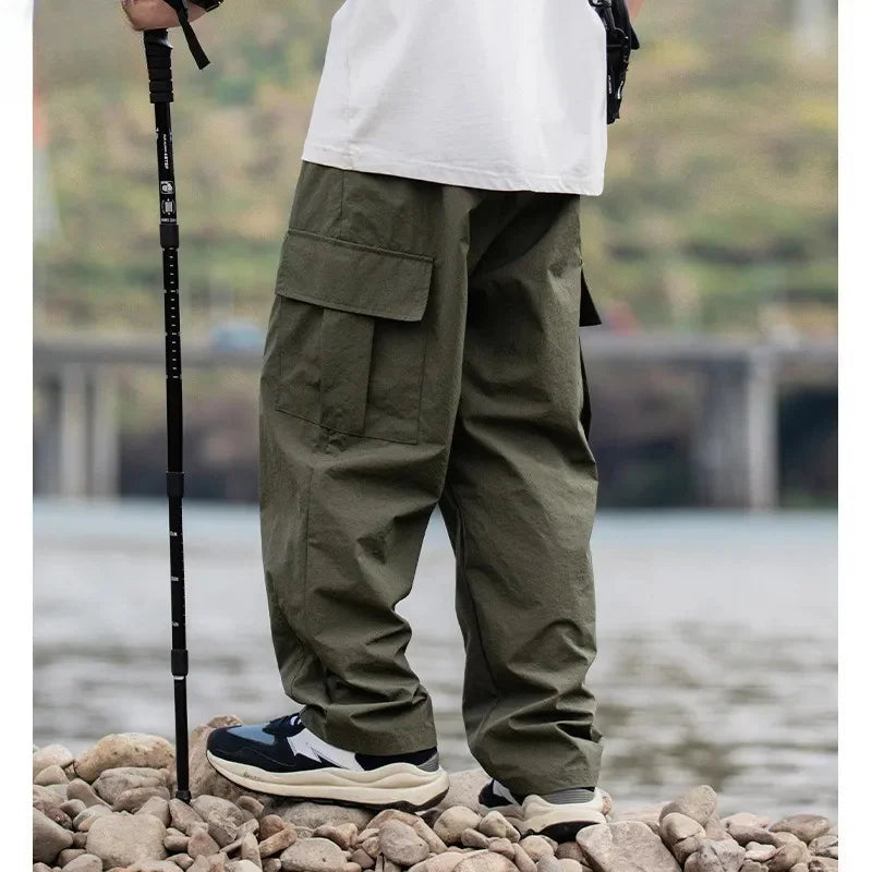 Bonsir Patch Pocket Work Pants Autumn Mountain Style Light and Thin Loose Pleated Casual Streetwear Men Clothing