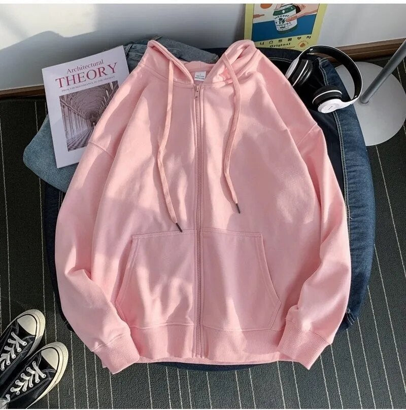 Bonsir Solid Color Hoodie Womens Casual Zipper Jacket New Korean Style Fashion Casual Retro Loose Oversized Hooded Sweatshirt Tops