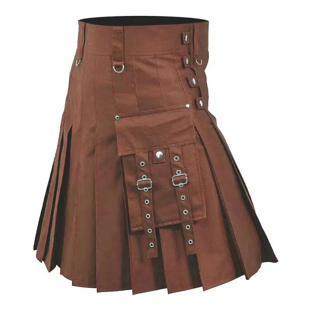 sanyamk Mens Pocket Bottom Scottish Casual Skirt 2024 New Genderless Fashion Youth Medieval Retro Simple Steampunk Contrast Color Skirt Unisex