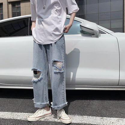 sanyamk Spring and Summer New Men's Torn Jeans Street Hip-hop Loose Wide Leg Pants Thin Fur Pants Brand Men's Clothing Ripped