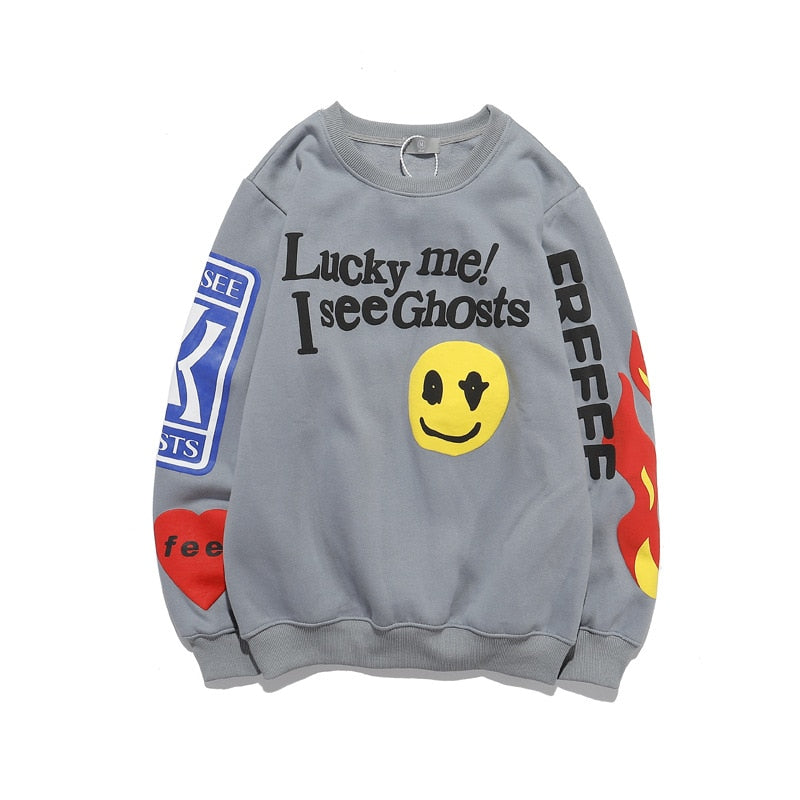 Bonsir Lucky me Hoodies Men I see Ghosts Hoodies Kanye West Pullovers Harajuku Fleece Hoodie Hip Hop Stranger Things Hooded Hoodies