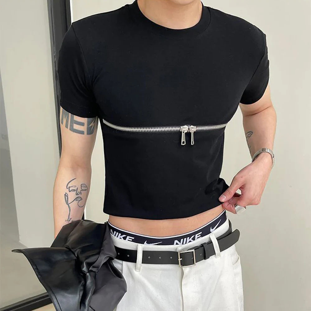 sanyamk 2024 Men T Shirt Zipper Solid Color O-neck Short Sleeve Fashion Men Crop Tops Summer Streetwear Casual Camisetas Navy Navel Tees