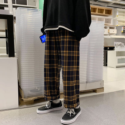 sanyamk Spring Plaid Pants Men Fashion Retro Wide Legs Casual Pants Men Streetwear Loose Hip Hop Straight Pants Mens Trousers S-2XL