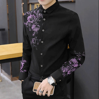 sanyamk Spring Business Casual Long-sleeved Polo Collar Men's Shirt Button Floral Printing Korean Fashion Slimming Fashion Commute Tops