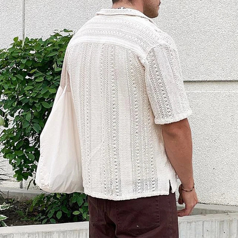 sanyamk Summer Mens Knitted Shirts Beach Casual Solid Color Short-sleeved Button Lapel Knit Cardigan Men Tops Knitting Embroidery Shirt