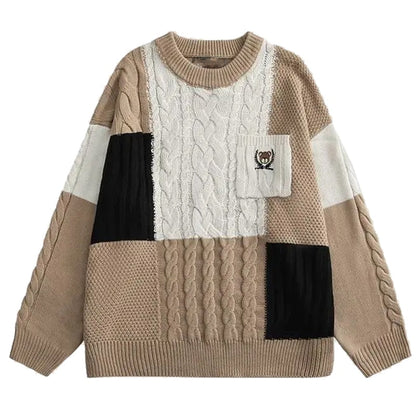 Bonsir Sweater Men Winter New Japanese Bear Embroidery Pocket Knit Pullovers  Woman Vintage Hip Hop Streetwear Oversized Sweater
