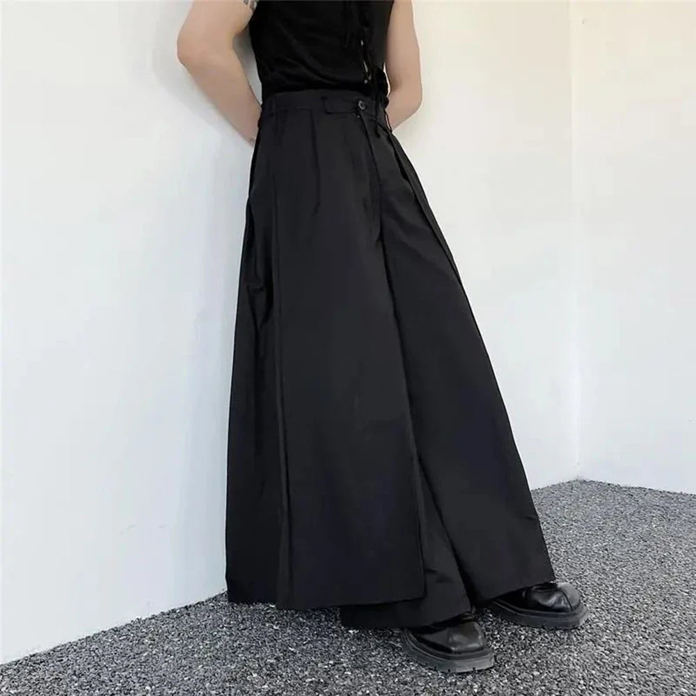 sanyamk Mens Japanese Dark Knight Style Skirt Pant Essential Couples Retro High-Waisted Double-Layer Wide-Leg Slit Casual Pants For Men